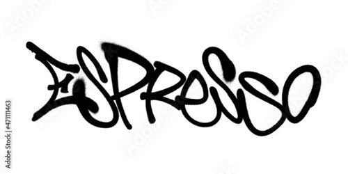 Sprayed espresso font graffiti with overspray in black over white. Vector illustration.