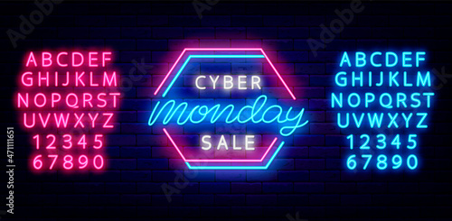Cyber monday sale neon sign with blue, pink alphabet. Luminous logo with frame. Isolated vector stock illustration