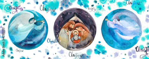 Christmas background with a nativity scene: Mary, Joseph and the baby Jesus in a manger, trumpeting singing angels against an abstract background of spots. For Christian website designs and products