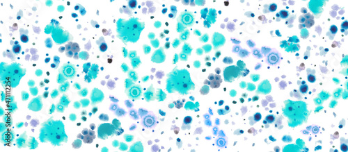 Abstract background of watercolor spots, splashes and circles of blue, light blue, turquoise, purple colors on a white background. For publications, prints, winter, sky and nautical themes