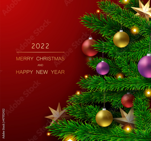 Happy New Year Christmas 2022 Gradient Red Background With Christmas Tree And Colorful Shiny Toys Balls. Winter Seasonal Traditional Xmas Party Banner Card. Green fir New year layout. Vector