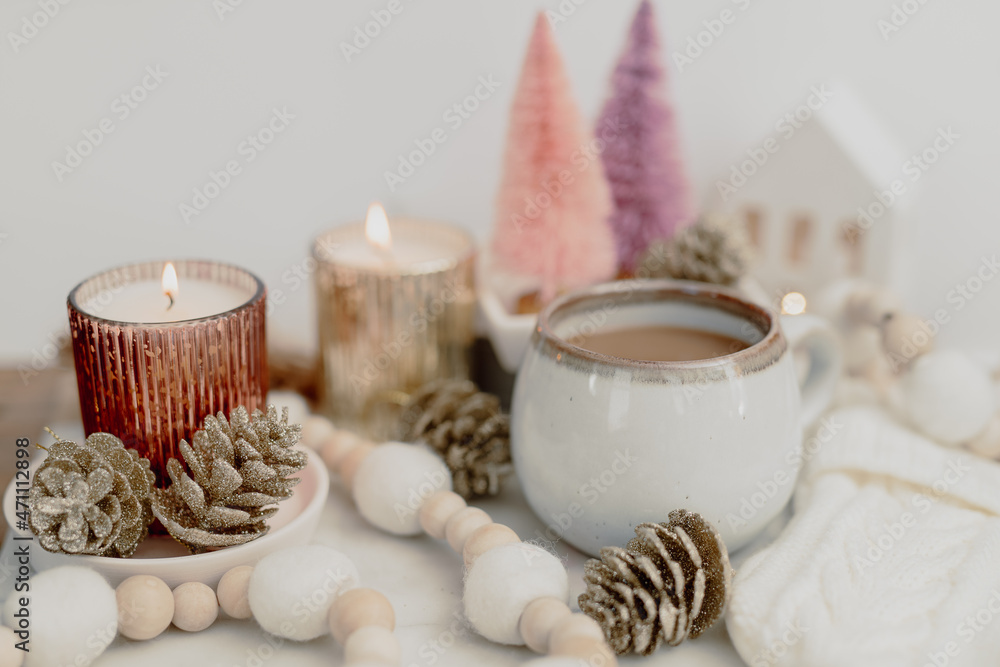 Cozy Winter Styled Coffee with Pink and Gold Accents 