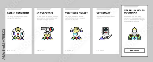 Democracy Government Politic Onboarding Mobile App Page Screen Vector. Democracy Parliament And Political Voting, Citizen Patriotism And Social Justice, Majority Rules Minority Rights Illustrations