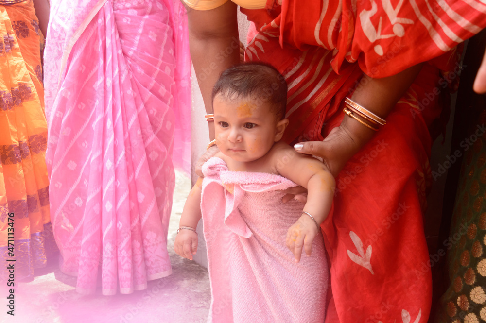 Cute happy baby in pink bath towel close up. Cute happy baby in pink bath towel close up.
