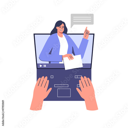 Female teacher conduct lessons online. Video course, web seminar, internet class, personal teacher service for individual distant home self education.