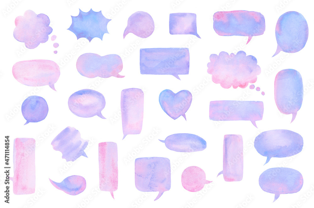 Blue and pink watercolor speech bubbles, pastel soft colors call out shapes isolated on white