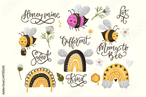 Bee cartoon illustration collection and lettering quote. baby shower greeting print, child happy set