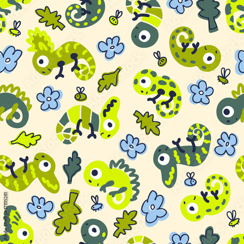  Hand drawn chameleons in exotic nature seamless pattern. Perfect for T-shirt  fabric  textile and print. Doodle vector illustration for decor and design.