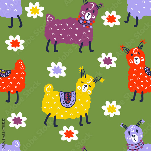Hand drawn seamless pattern of lamas and flowers. Perfect for T-shirt, textile and print. Doodle vector illustration for decor and design.
