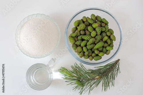 Step-by-step instructions for jam from pine cones. Step 1: preparation of jam products - green pine cones, sugar, water photo