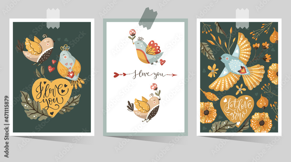 Valentines day cartoon vector card set with hand drawn lettering quote flower, bird and heart. Love greeting print poster. Ornate floral design.