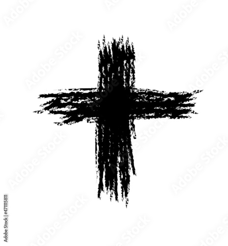 Hand drawn black grunge cross icon, simple Christian cross sign, hand-painted cross symbol created with real ink brush isolated on white background.