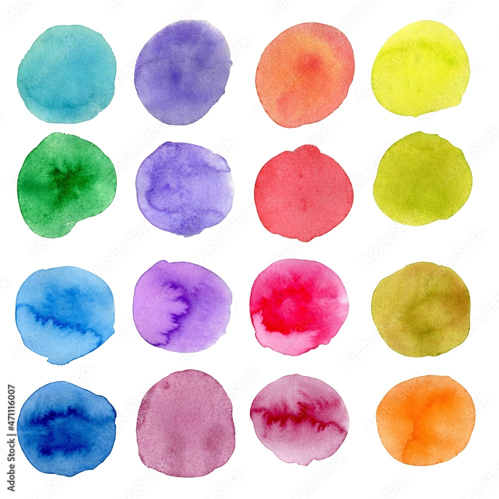 Large set of round multicolored spots, watercolor painting