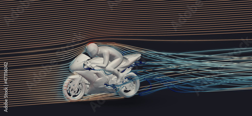 Computational Fluid Dynamic simulation of a motorbike. Beautiful velocity streamlines flowing around biker on a sportsbike. Artistic 3D rendering of a simulation. 4K resolution photo
