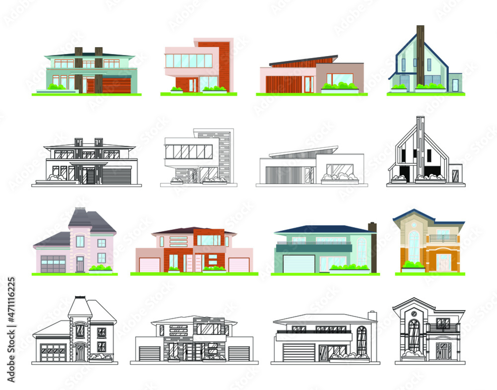 Vector illustration of a house on a white background. Sweet home. Icons for cottages, townhouses, villas, houses, buildings. A hand-drawn house. The project of the building. Drawing of the house