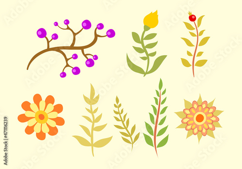 Set of vector flowers  plants and leaves for graphic design  for fashion  greeting  holiday cards on a natural theme or decoration