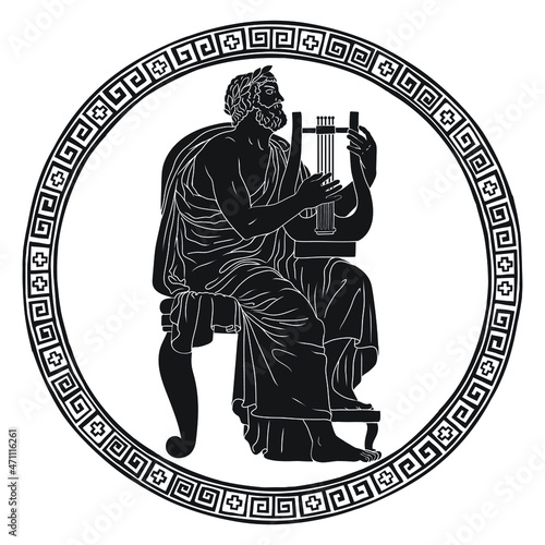 An ancient Greek old man musician with a harp in his hands plays a melody on the strings.