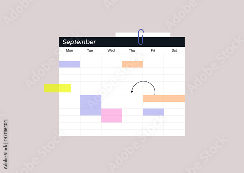 Blank weekly calendar with color fields and stickers, daily planner