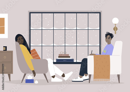 Psychotherapy session in a cozy furnished office, mental health issues