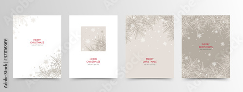 Christmas cards set. New year winter holiday greeting cards with snowflakes and branches of a Christmas tree on a neutral pastel beige and white background. Abstract trendy vector illustration 