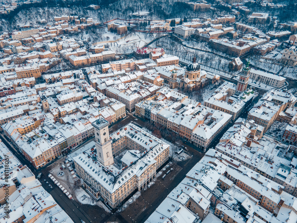 Obraz premium aerial view of snowed lviv center