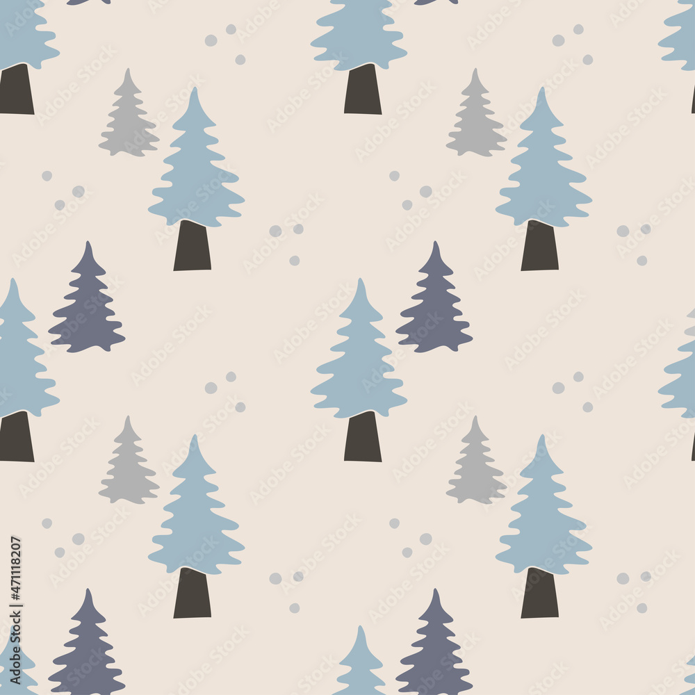 Seamless pattern with Christmas tree isolated on beige background. Vector hand drawn flat illustration. Design for textile, wallpaper, wrapping, backdrop