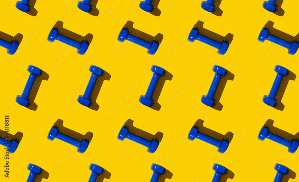 A beautiful pattern of blue fitness dumbbells on a yellow background. Wallpapers for your phone or computer A beautiful pattern of blue fitness dumbbells on a yellow background. Wallpapers for your phone or computer