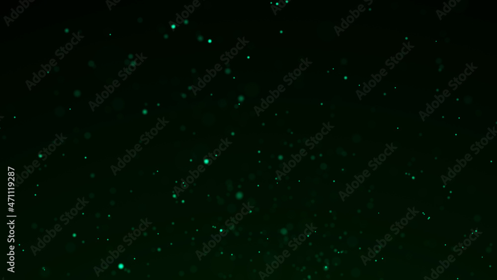 Dust particle glow. Energy flow on a green background. Abstract background of particles. 3D rendering.