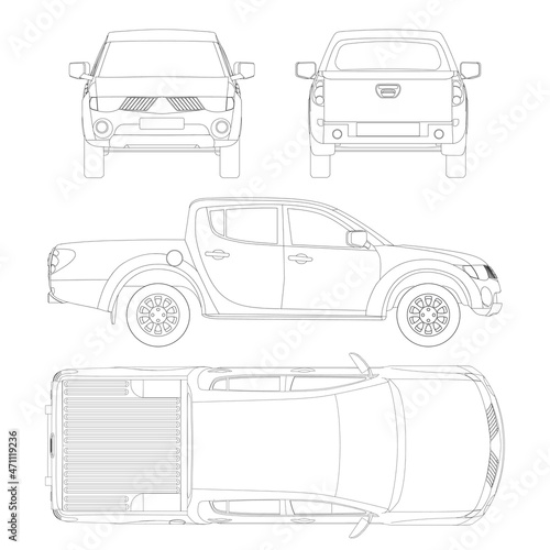Pickup truck vector template. Truck blueprint. Double cab car on white background. Mockup template for branding.