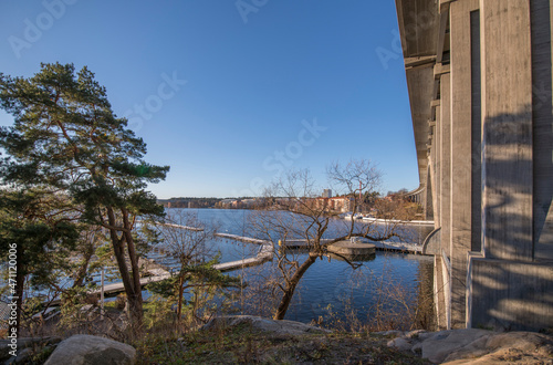 Side view of the concrete bridge Tranebergsbron between the districts Kungsholmen and Bromma, inaugurated 1934. A sunny color full autumn day in Stockholm © Hans Baath