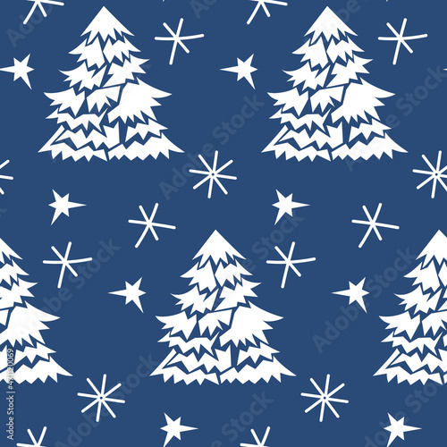 Seamless winter vector pattern of fir trees and snowflakes