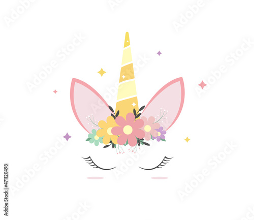 Cute unicorn vector graphic design. Cartoon unicorn head with flower crown illustration .