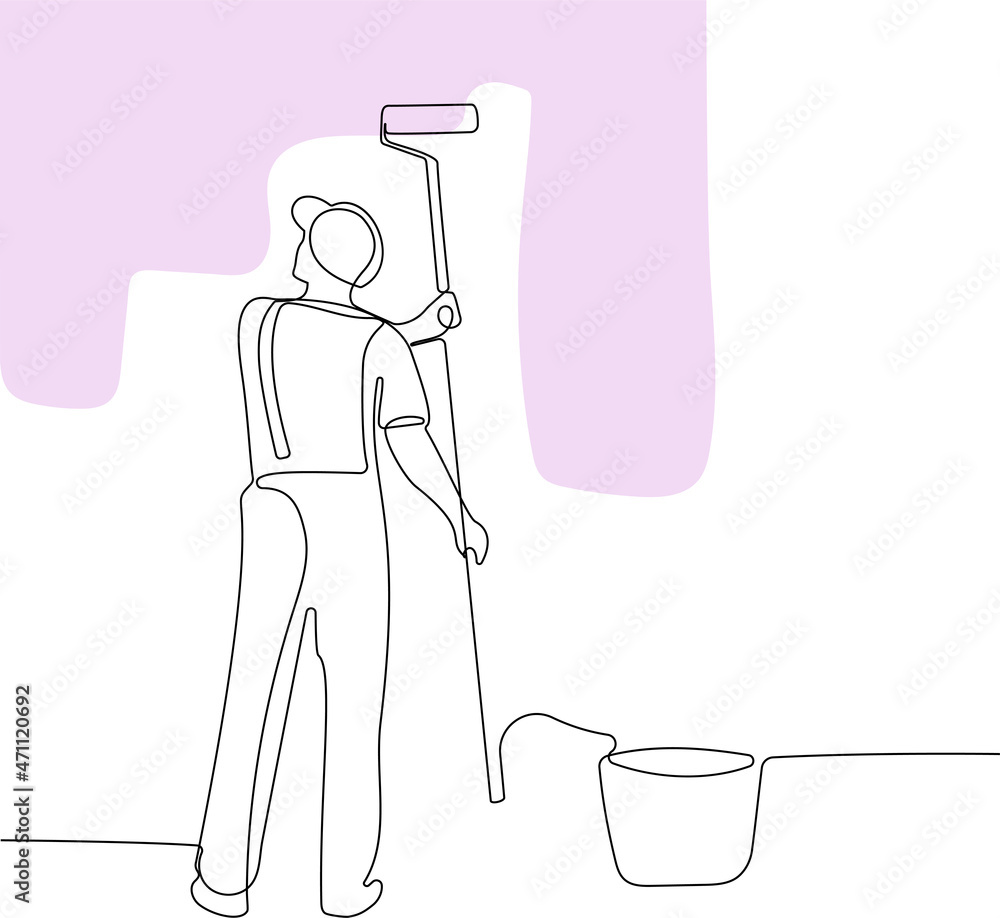 Continuous one line drawing of human hand holds paint brushes with paint can, floor painting, blank space for your text, banner, advertisement or your design minimal outline. Vector illustration