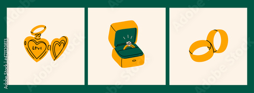 Set of three isolated cards. Golden heart shaped locket, engagement wedding rings. Gold, precious jewelry, proposal, wedding concept. Hand drawn modern Vector illustrations. 