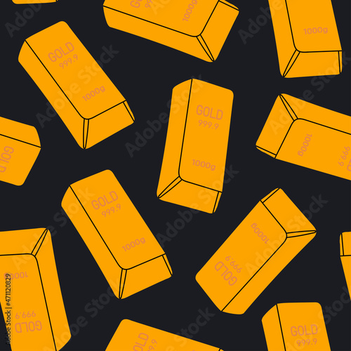 Solid gold bars, bullions. National reserve of gold. Treasury, luxury, rich concept. Cartoon style. Hand drawn trendy Vector illustration. Square seamless Pattern. Dark background, wallpaper template 