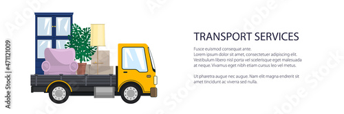 Yellow freight small truck is transporting furniture, transportation and cargo delivery services and logistics banner, vector illustration