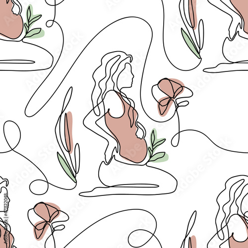 One line abstract illustration - single linear pregnant woman seamless pattern.
