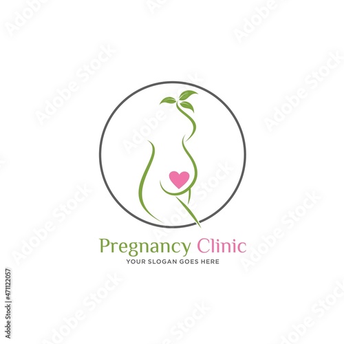 Stylish logo with pregnant woman green color leaves. Pregnancy symbol, vector template. EPS 10