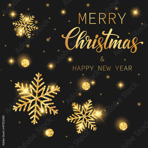 Vector illustration Merry Christmas and Happy New Year. Bright shiny snowflakes on a black background. 