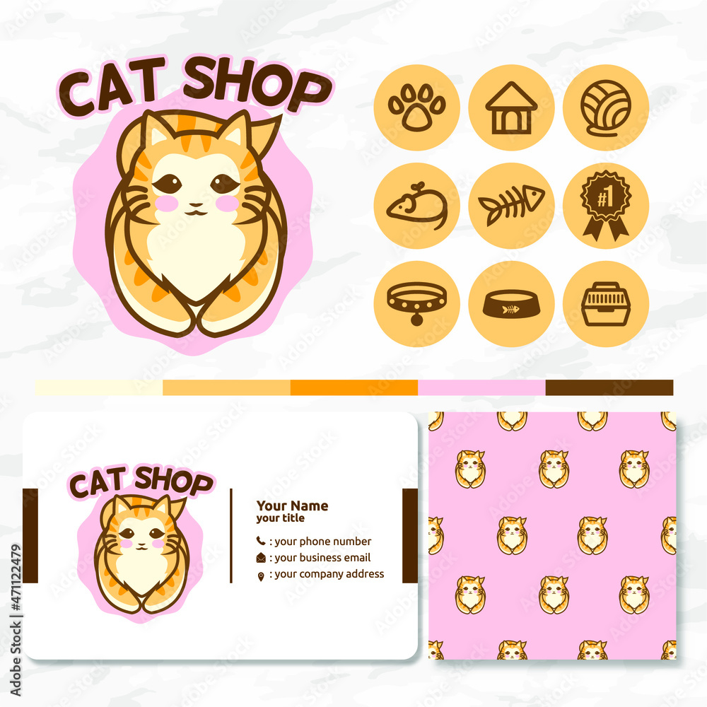 cute cat animal logo with icon and pattern set bundles for pet shop collections