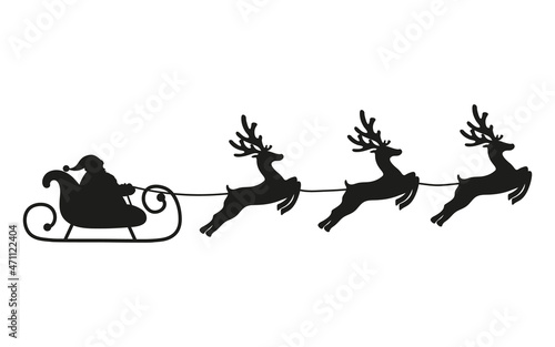 Santa Claus rides reindeer in a sleigh sled. 