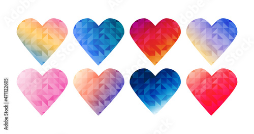 hearts collection low poly mosaic triangle style valentine's day elements.