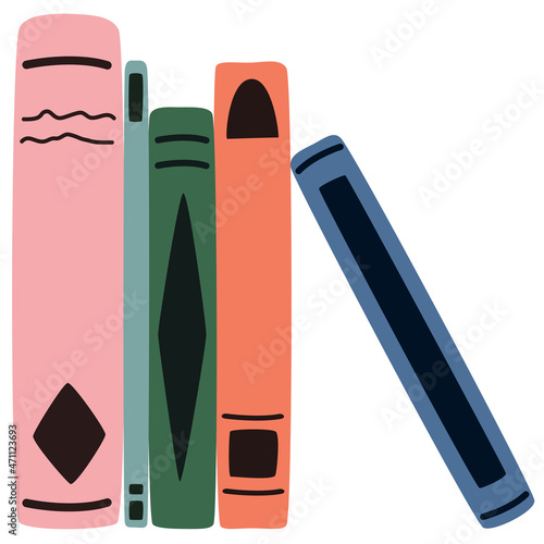 Hand drawn cute contemporary illustration of stack of books. Education or learning concept. Flat vector sticker or icon in simple colored doodle style. Isolated on white background.