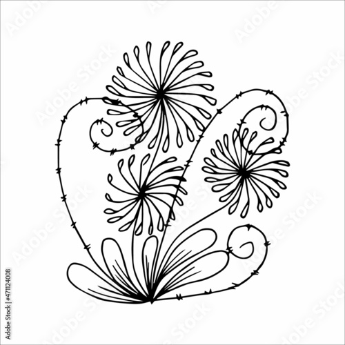 Hand-drawn flower single doodle element for coloring  invitation  postcard. Black and white vector image