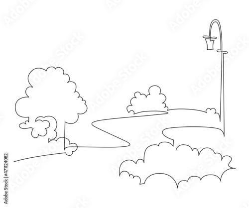 Landscape park with a path, trees and a lamppost. Continuous line drawing. Vector illustration. Silhouette footpath