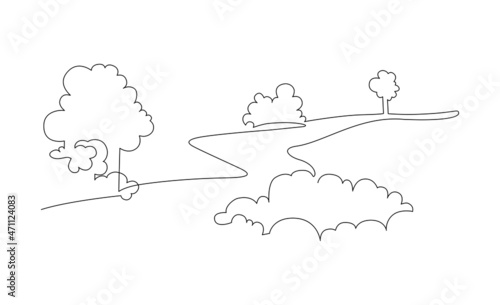 Landscape park with path and trees. Continuous line drawing. Vector illustration.