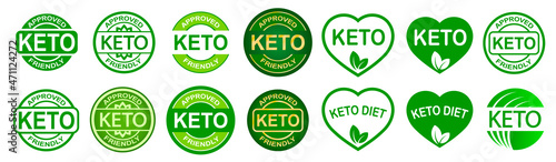 Set of keto stamps. Love keto. Ketogenic diet. Plant based vegan food product label. Green heart-shaped stamp. Logo or icon. Sticker. Vegetarian.Keto approved friendly. 2 small leaves