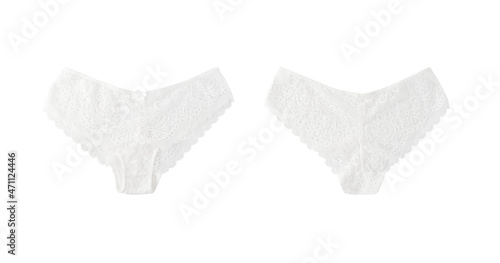 Front and back views of women's white lace lingerie