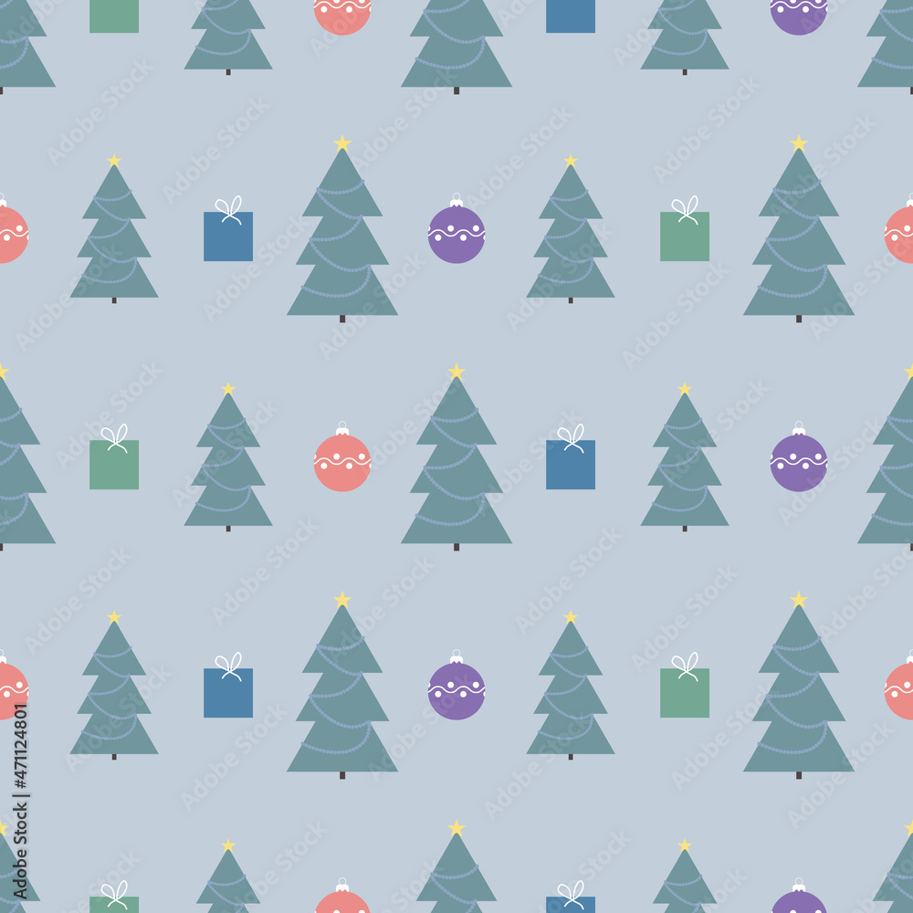 Obraz premium Christmas pattern with Christmas trees and presents and beautiful Christmas balls on blue background. Festive flat seamless design for wrapping, clothes, print. Holiday cartoon vector illustration