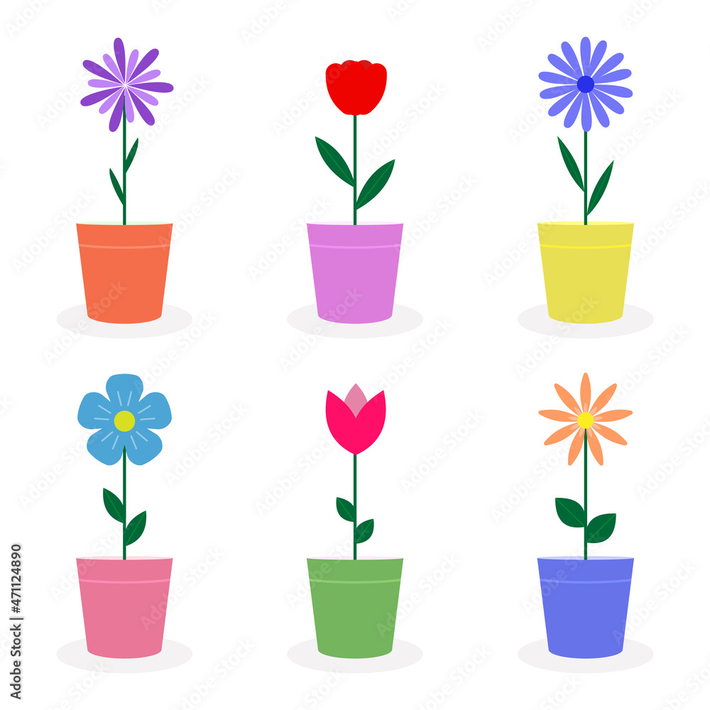 Set of flowers in pots. Bright collection of plants in flowerpots Set of flowers in pots. Bright collection of plants in flowerpots